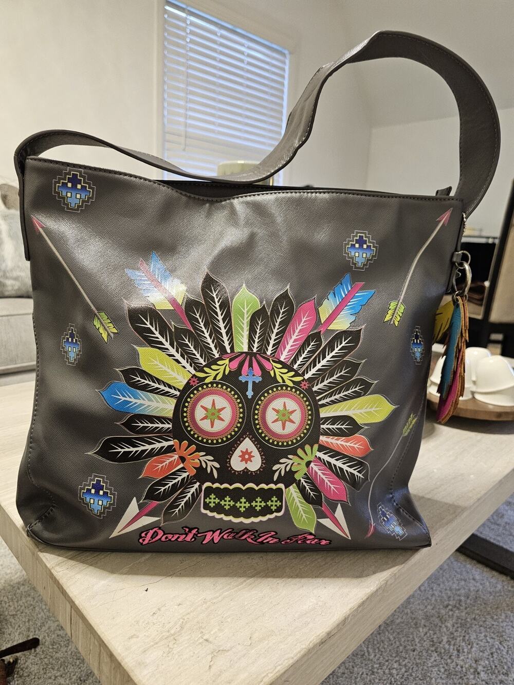Gypsy Soule Gray Skull Feather Western PU Leather Large Shoulder Tote Bag